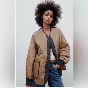 ZARA Quilted Bomber Jacket in Tan and Black, EUC, Oversized